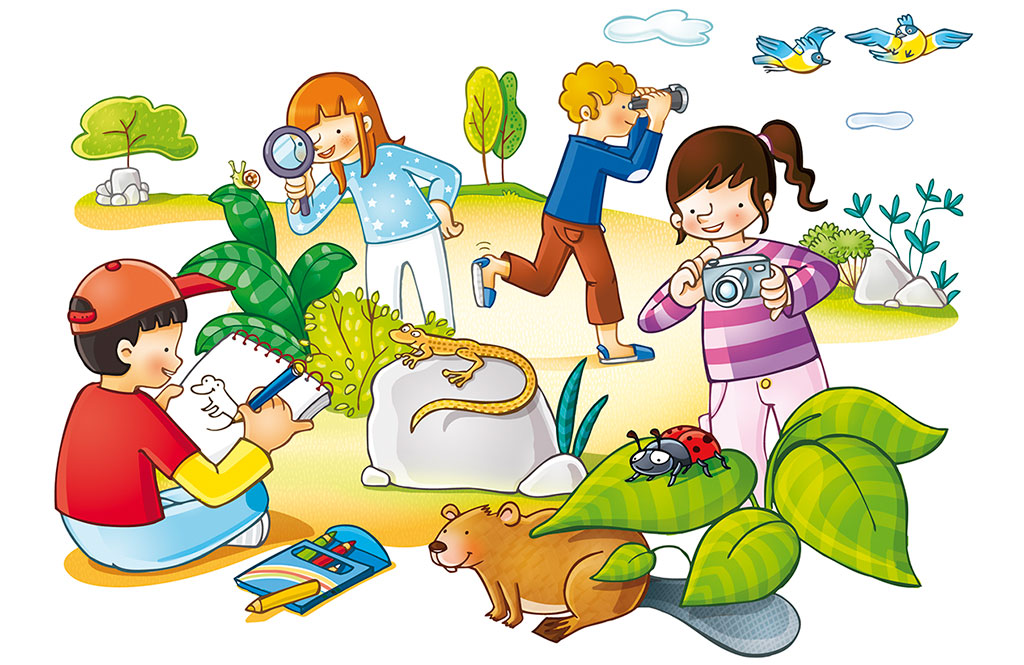 La imagen representa a un grupo de niños realizando actividades de exploración científica en un entorno natural. Los estudiantes observan plantas y animales mediante la observación directa, el uso de lupas, binoculares, dibujos y fotografías, evidenciando prácticas propias del aprendizaje de las Ciencias Naturales como la curiosidad, la indagación y el respeto por la naturaleza. La escena destaca un aprendizaje activo y significativo, centrado en el contacto con el entorno y el desarrollo de habilidades científicas básicas.